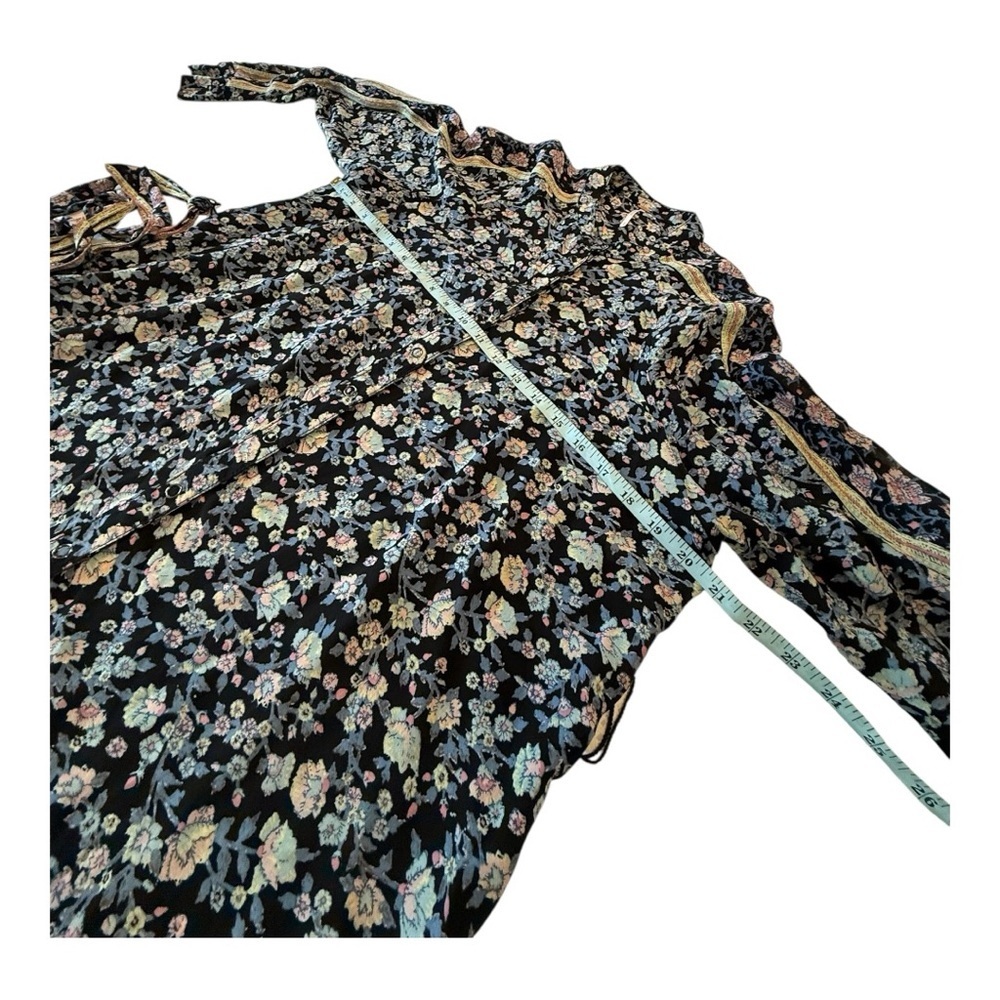 Free People Skyway Floral Drive in Boho Blouse Sash Tie Belt Black Blue Small - Picture 9 of 15
